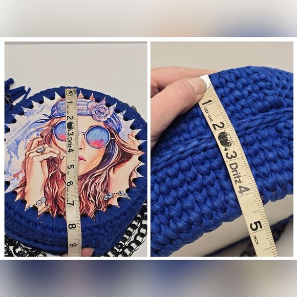 Boho Crochet Round Hippie Crossbody Bag With Chain Girl In Sunglasses - Picture 8 of 8